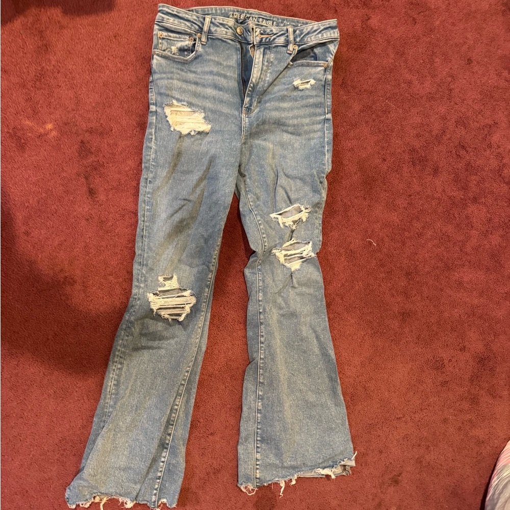 American Eagle Outfitters Ripped Flare Jeans - Light Blue